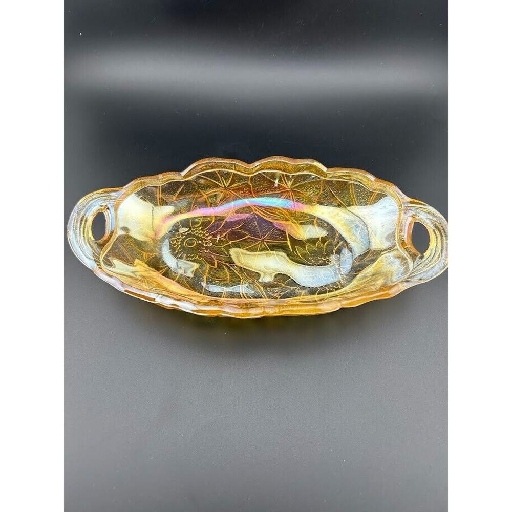 Vtg Jeanette Carnival Iridescent Marigold Glass Relish Dish Lily Pons Pattern